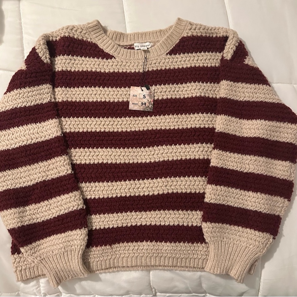 Blu Pepper Burgundy and Beige Striped Sweater